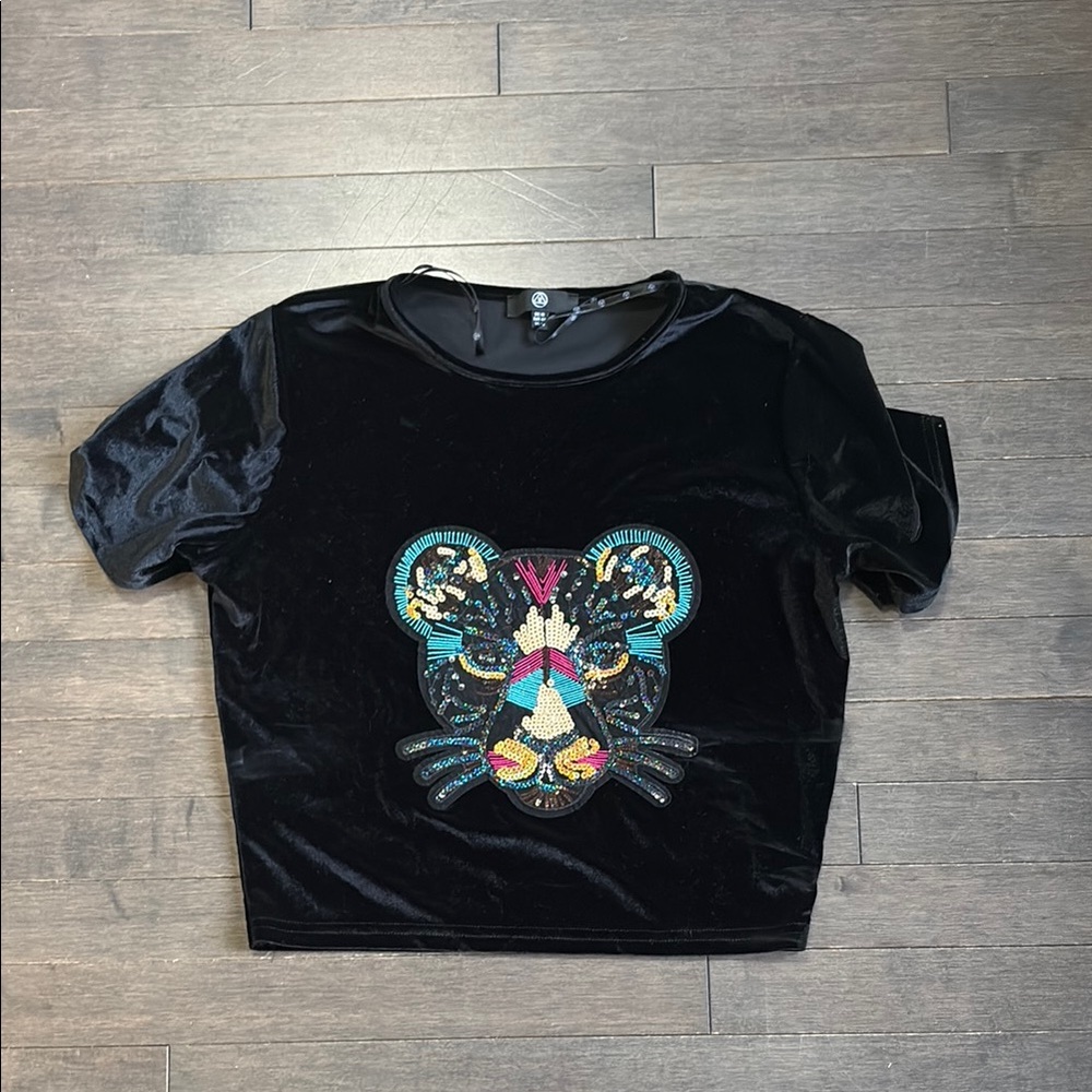 Misguided Black Velvet Crop Top with Sequined Lion Women’s Size 10